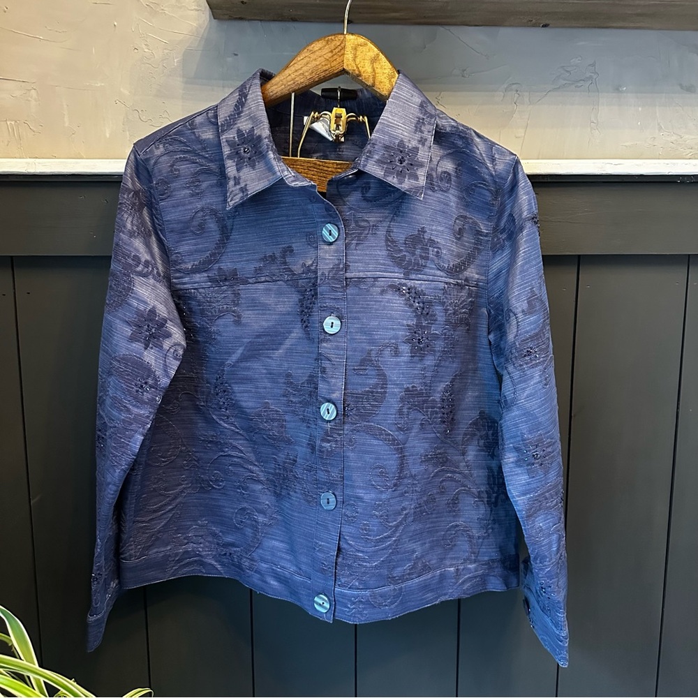 Coldwater Creek Beaded Embroidered Blue Gray Jacket size PL